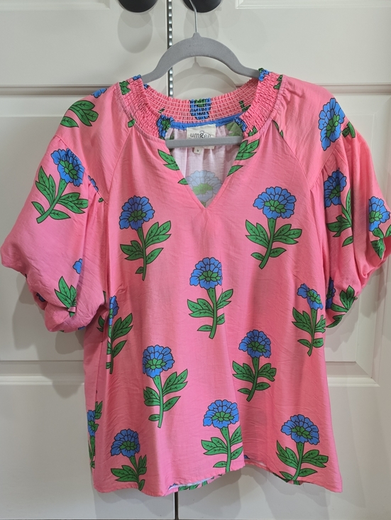 Umgee Tops - Umgee Pink Floral Smocked V-Neck Short Sleeve Blouse